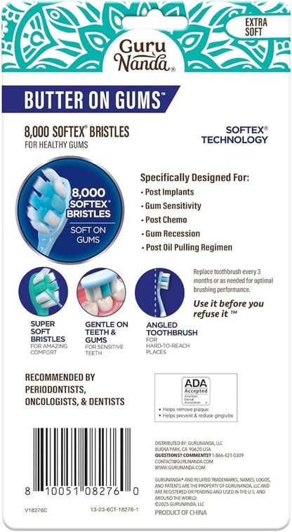 GuruNanda Butter On Gums Toothbrush, ADA Accepted, with 8000+ Ultra Soft Softex Bristles for Sensitive & Receding Gums, Perfect for Whiter Teeth, 8 Ct