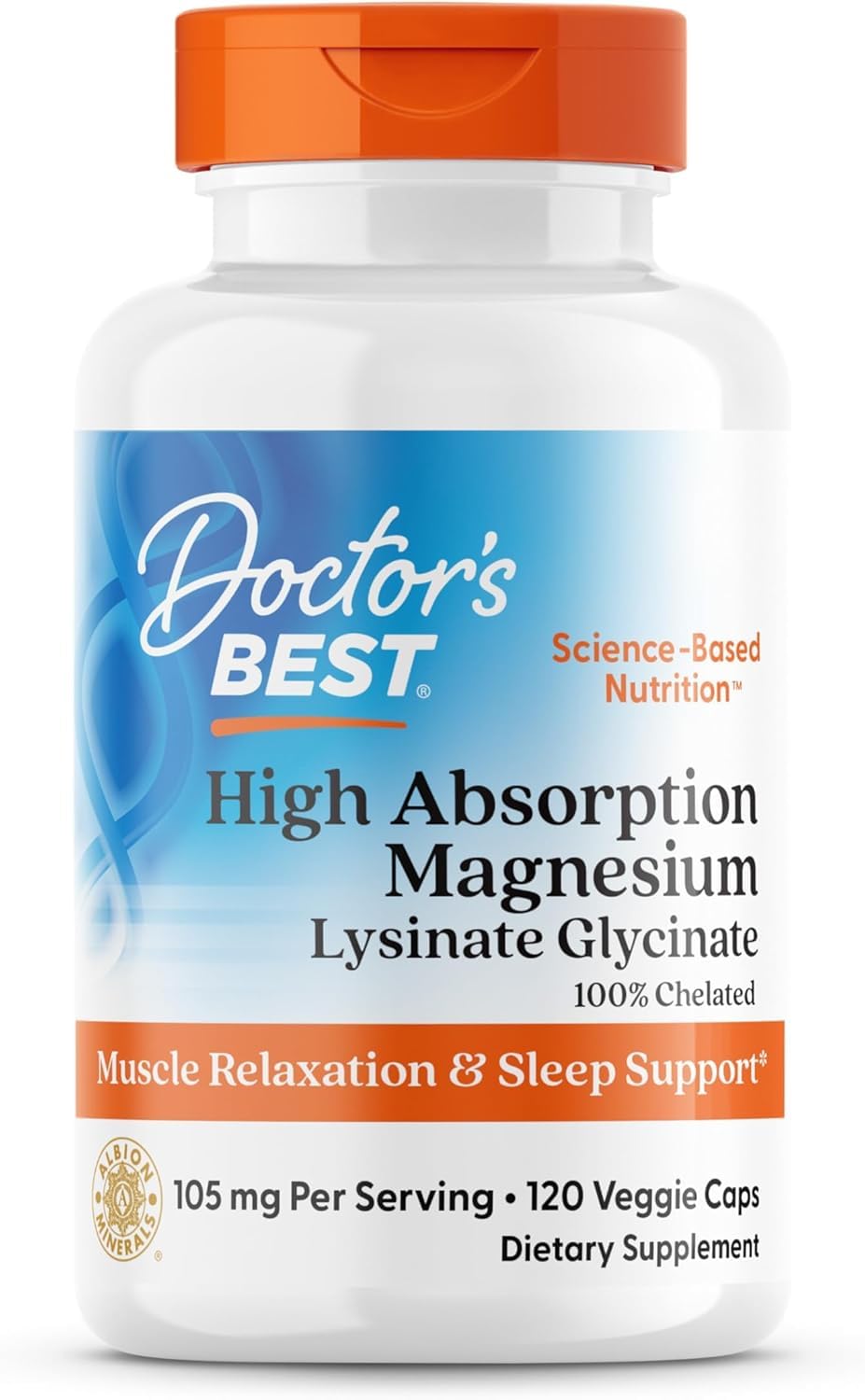 Doctor's Best High Absorption Magnesium Glycinate Lysinate Supplement for Sleep Support - Chelated Magnesium Capsules for Women & Men, 105 mg per Serving, Calm Support, Vegan - 120 Veg Caps