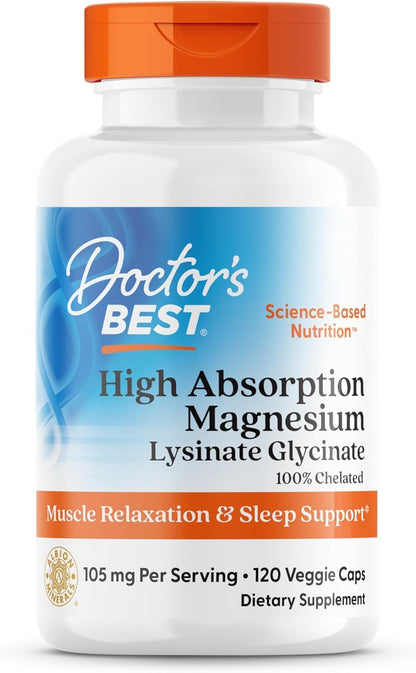 Doctor's Best High Absorption Magnesium Glycinate Lysinate Supplement for Sleep Support - Chelated Magnesium Capsules for Women & Men, 105 mg per Serving, Calm Support, Vegan - 120 Veg Caps