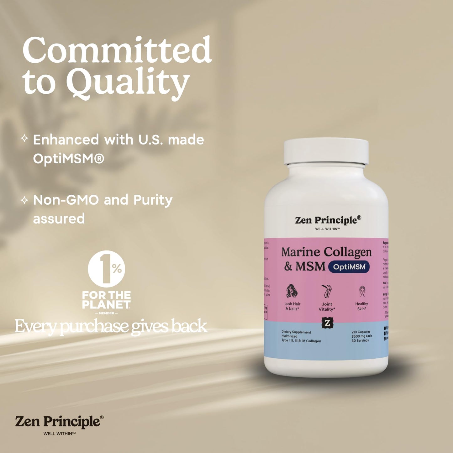 Zen Principle Marine Collagen Peptides Powder with OptiMSM® Supplement. Clinically Tested for Skin Support. Wild-Caught Fish, Non-GMO. 210 Capsules.