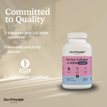 Zen Principle Marine Collagen Peptides Powder with OptiMSM® Supplement. Clinically Tested for Skin Support. Wild-Caught Fish, Non-GMO. 210 Capsules.