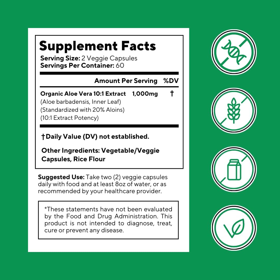 Organic Aloe Vera Capsules 20% Aloins Supplement - Pure Inner Leaf Gel Concentrate - Digestive, Gut Health, Skin, Immune Support - 120 Count - Non-GMO, Gluten-Free, Vegan