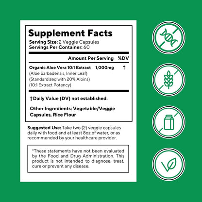Organic Aloe Vera Capsules 20% Aloins Supplement - Pure Inner Leaf Gel Concentrate - Digestive, Gut Health, Skin, Immune Support - 120 Count - Non-GMO, Gluten-Free, Vegan