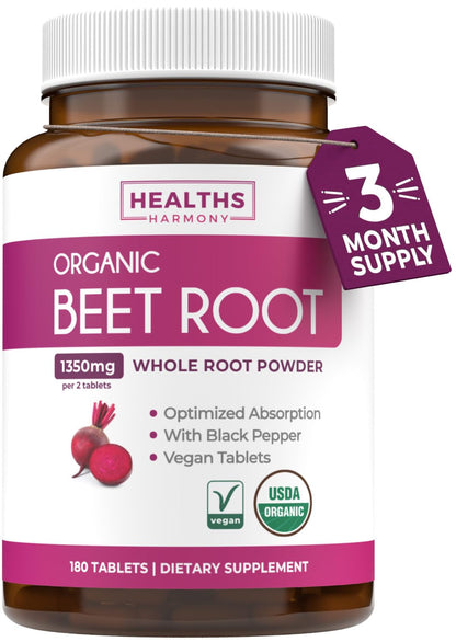 USDA Organic Beet Root Powder (120 Tablets) 1350mg Beets Per Serving with Black Pepper for Extra Absorption - Super Antioxidant and Nitrate Supplement for Athletic Performance and Stamina- No Capsules
