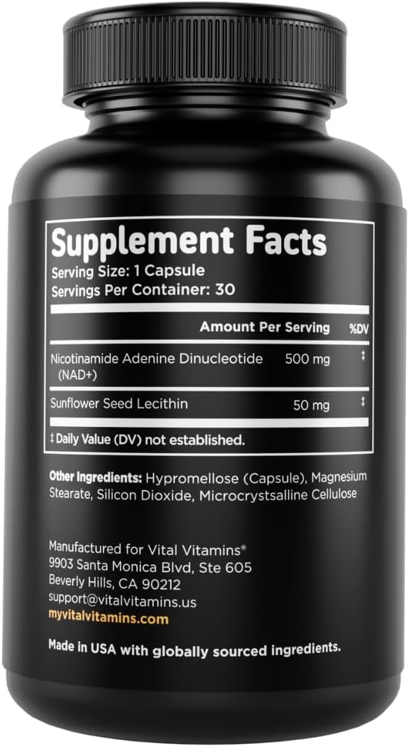 Vital Vitamins NAD+ Supplement, 500mg Liposomal for Better Absorption | Supports Cellular Energy, Brain Health and Healthy Aging, Vegan, 30-Day Supply