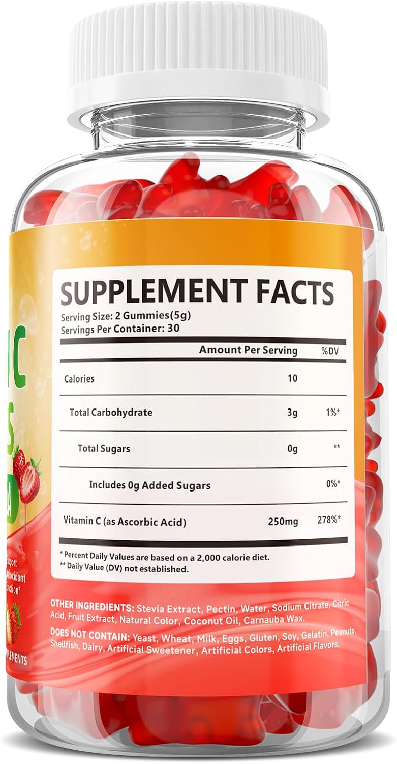 Vitamin C Gummies for Adults, Immune Support Supplement for Energy, 60 Ct | Antioxidant Protection, Non-GMO, Vegan, Sugar-Free, Strawberry Flavor