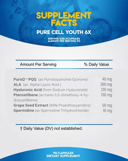 AJS Pure Cell Youth 6X PRO, PQQ, R-Lipoic Acid & Spermidine, 90 Capsules With Pterostilbene, Sodium Hyaluronate & Grape Seed Extract, Dietary Supplement