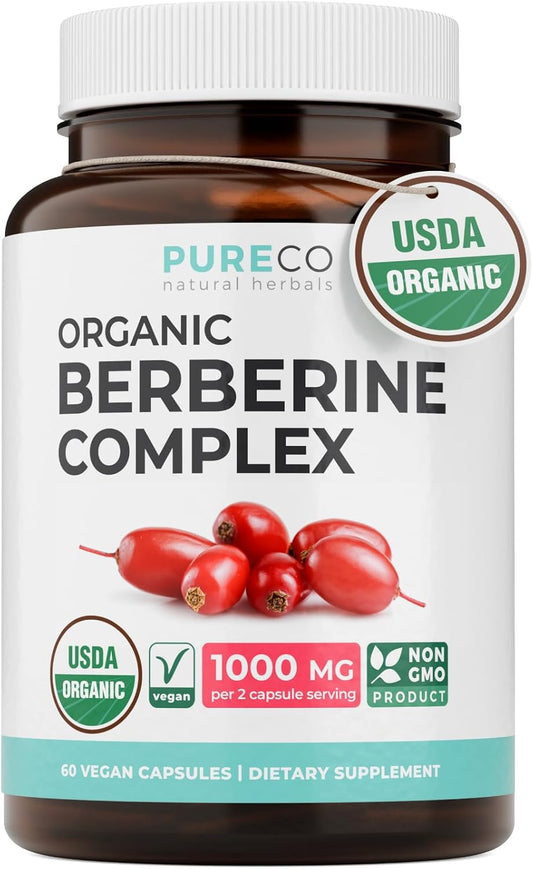 PURE CO Certified Organic Berberine Supplement Capsules - High Strength Berberine Complex with Organic Barberry Extract Providing 1000mg per Serving - NSF Lab Verified Vegan & Non-GMO (30 Servings)
