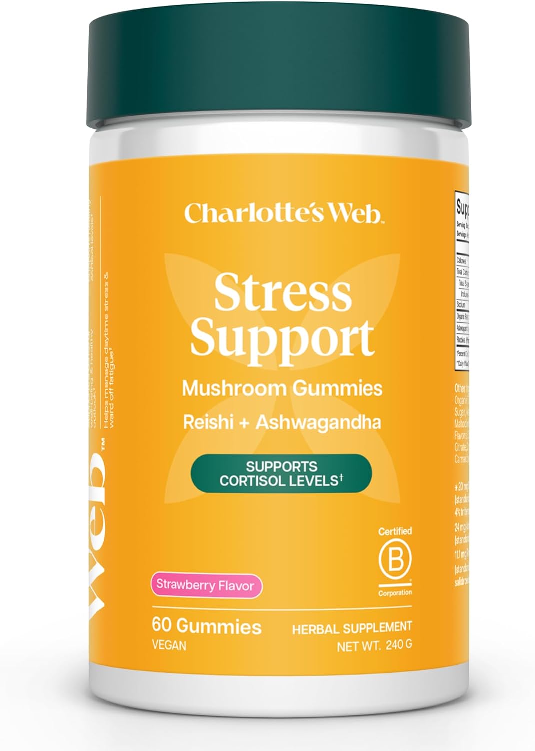 Charlotte's Web Stress Support Mushroom Gummies w/Reishi, Ashwagandha, Rhodiola Rosea Supplement — Natural Supplement — Strawberry-Flavored Ashwagandha Gummies (30 Servings)