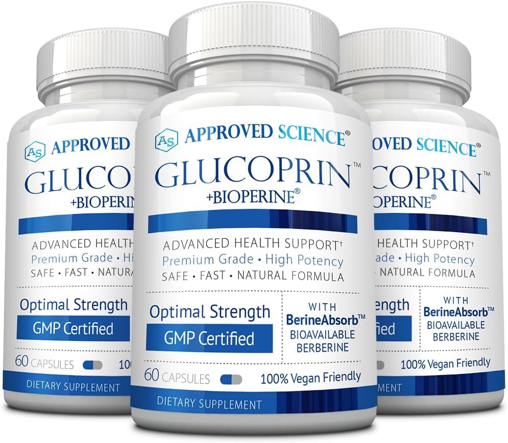 Approved Science Glucoprin - 250 mg Berberine, Mulberry, Cinnamon, BioPerine, Non GMO- Made in the US - 1 Bottle - 60 Vegan Capsules - Pack of 3