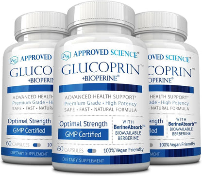 Approved Science Glucoprin - 250 mg Berberine, Mulberry, Cinnamon, BioPerine, Non GMO- Made in the US - 1 Bottle - 60 Vegan Capsules - Pack of 3
