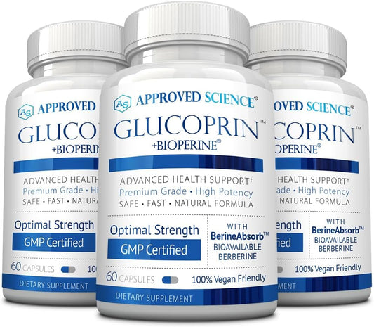Approved Science Glucoprin - 250 mg Berberine, Mulberry, Cinnamon, BioPerine, Non GMO- Made in the US - 1 Bottle - 60 Vegan Capsules - Pack of 3
