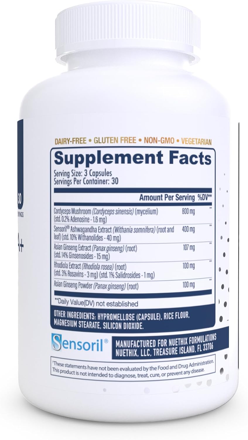 NuEthix Formulations Herbal Adrena+, Adrenal Support Supplements for Women & Men, Cortisol Support, Improve Energy Levels & Mood, Includes Cordyceps & Ashwagandha, Non-GMO, Gluten Free, 30 Servings