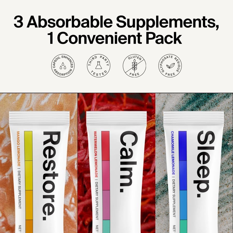 The Absorption Company Powder Bundle - Calm, Restore & Sleep Packets (21) | Magnesium, Electrolyte & L-Theanine Packets, High-Absorption Supplement Stack Kit, Vitamin C & D Support, Third-Party Tested