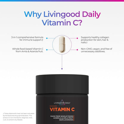 Livingood Daily Vitamin C Supplement, 3-in-1 Whole Food-Based Vitamin C with Acerola & Amla Fruit Extracts and Citrus Bioflavonoids for Immune Support, Vegan, Gluten Free, Non GMO, 60 Capsules