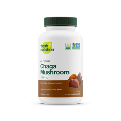 Fresh Nutrition Organic Chaga Mushrooms – Strongest DNA Verified 1500mg Per Serving – High in Fiber – Non GMO, Gluten & Soy Free, Vegan Friendly