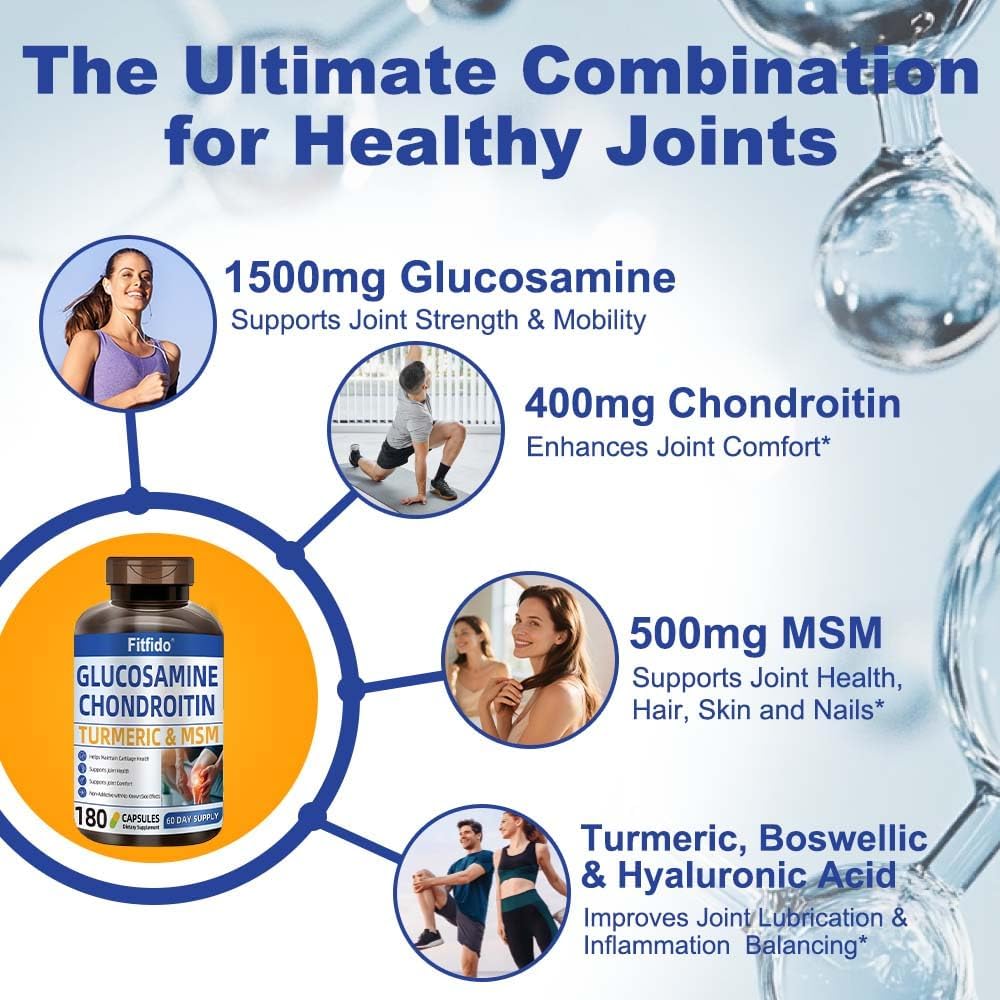 Glucosamine Chondroitin MSM, Turmeric & Boswellia, 180 Count | Joint & Cartilage Support, Daily Joint Care, Non-GMO, Gluten Free, Easy-to-Swallow Capsules, Clean Formula, 60-Day Supply