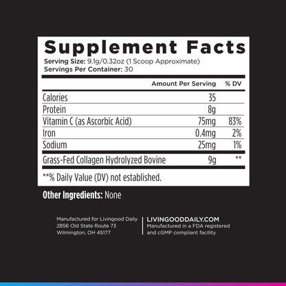 Livingood Daily Vanilla Collagen Powder for Women & Men, Hydrolyzed Collagen Peptides Powder with Vitamin C, Protein with 20 Amino Acids, Type I & III, Grass Fed, Keto, Paleo, Gluten Free, 30 Srvgs