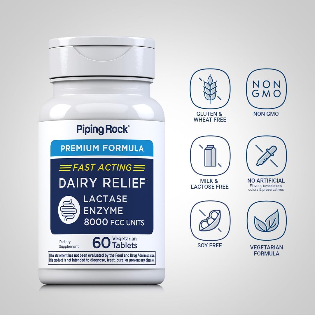 Piping Rock Fast Acting Lactase Enzyme | 8000 FCC | 60 Tablets | Dairy Relief Supplement | For Men and Women | Premium Formula | Vegetarian, Non-GMO, Gluten Free