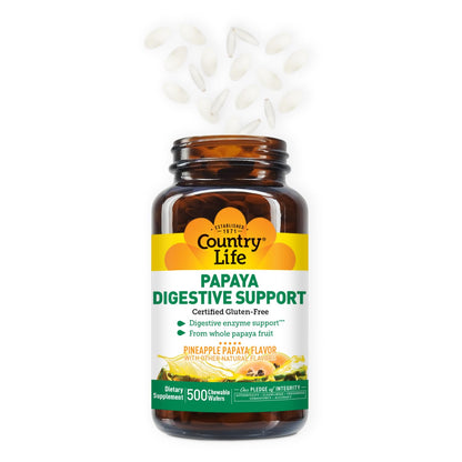Country Life Papaya Digestive Support, 500 Chewable Wafers | Natural pineapple & papaya Flavor. Assists nutrient absorption, contains papain & protease