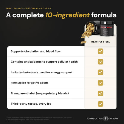 Formulation Factory Heart of Steel Nitric Oxide Supplements for Men & Women, Nitric Oxide Booster for Blood Flow & Circulation with L-Citrulline 1000mg, L-Arginine, CoQ10 & Resveratrol - 120 Capsules