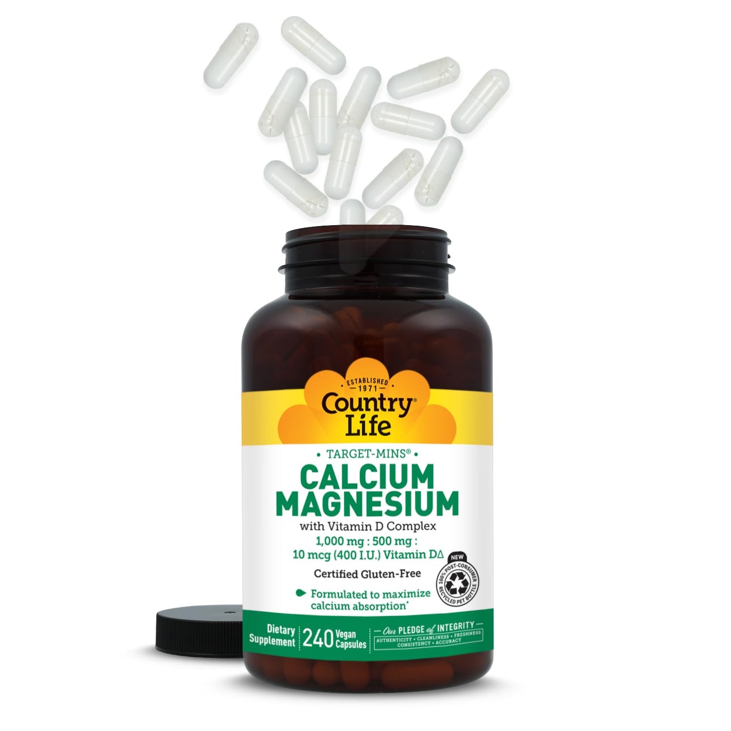 Country Life Target-Mins Calcium Magnesium with Vitamin D-Complex, 1000mg/500mg/10mcg, 240 Vegan Capsules, Certified Gluten Free, Certified Vegan
