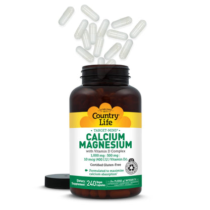 Country Life Target-Mins Calcium Magnesium with Vitamin D-Complex, 1000mg/500mg/10mcg, 240 Vegan Capsules, Certified Gluten Free, Certified Vegan