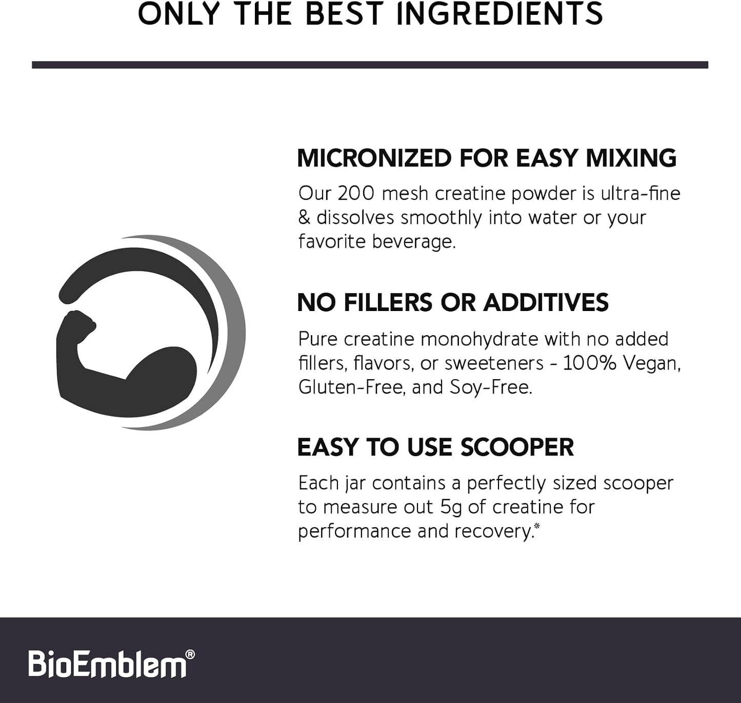 BioEmblem Creatine Monohydrate Powder - Unflavored Micronized Creatine Easily Mixes - Muscle Strength, Workout Recovery, Exercise Performance - 300g Creatine Supplement - Non-GMO, Vegan