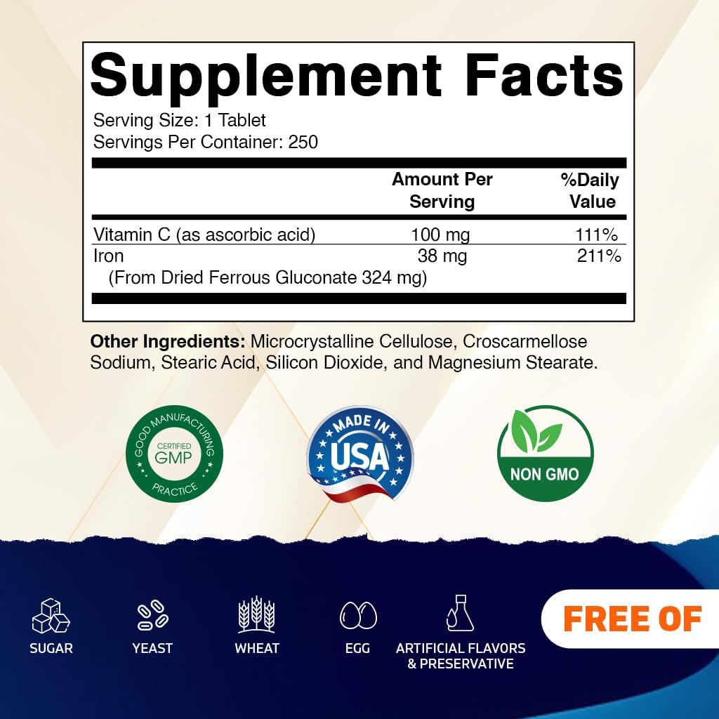 Vitamatic Ferrous Gluconate 324 mg + Vitamin C 100 mg - No Artificial Color Additives - Gentle on Stomach - 250 Tablets - Made in USA
