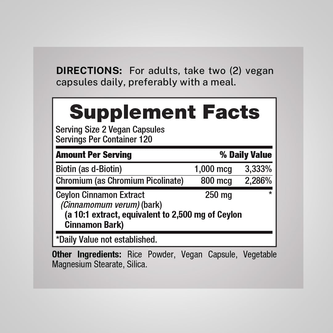 Piping Rock Ceylon Cinnamon Capsules | 120 Pills | Complex Supplement with Chromium and Biotin | Vegetarian, Non-GMO, Gluten Free