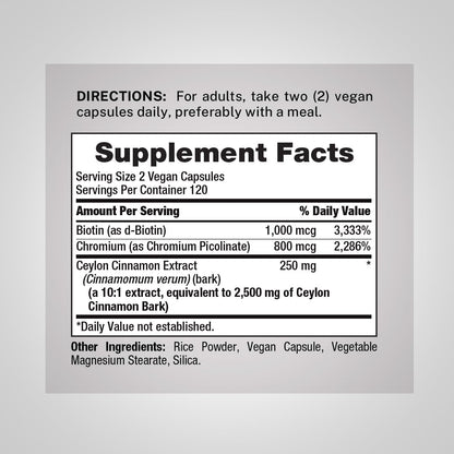 Piping Rock Ceylon Cinnamon Capsules | 120 Pills | Complex Supplement with Chromium and Biotin | Vegetarian, Non-GMO, Gluten Free