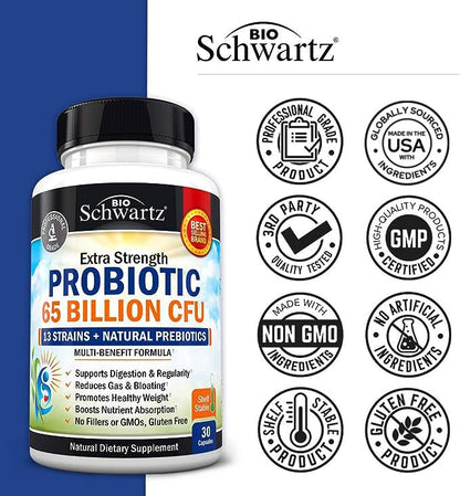Probiotic 65 Billion - Probiotics with Prebiotic for Women & Men - Lactobacillus