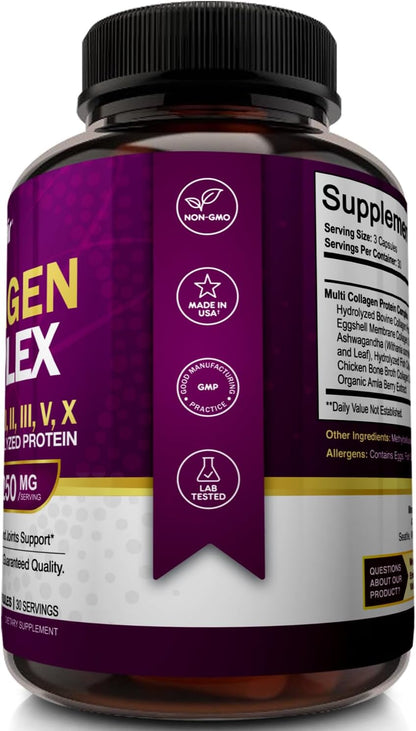 NutriFlair Multi Collagen Peptides 2250mg, 90 Capsules - Type I, II, III, V, X - Collagen Supplements Complex Powder Pills for Women and Men - Hydrolyzed Protein, Healthy Hair, Skin, Nails - Non-GMO