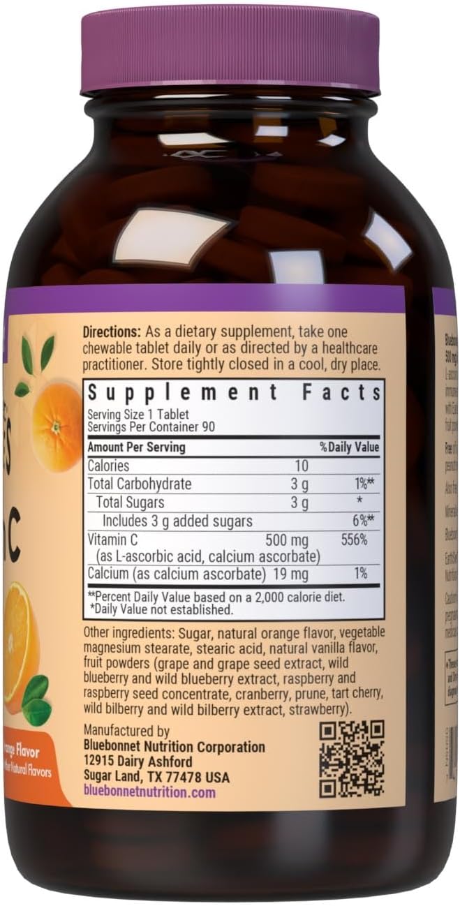 Bluebonnet Nutrition EarthSweet Vitamin C 500 mg Powerful Antioxidant Protection & Immune Health Support Supplement - Maximum Absorption - Gluten-Free, Vegan - Flavor - Chewable Tablets Orange, 90 Count (Pack of 1)