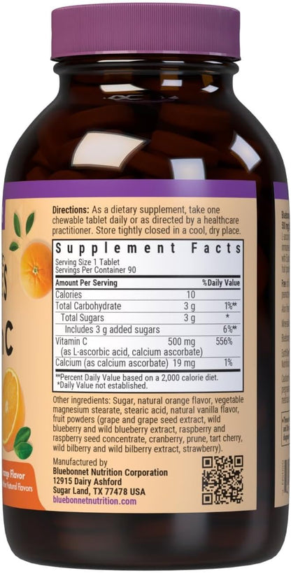 Bluebonnet Nutrition EarthSweet Vitamin C 500 mg Powerful Antioxidant Protection & Immune Health Support Supplement - Maximum Absorption - Gluten-Free, Vegan - Flavor - Chewable Tablets Orange, 90 Count (Pack of 1)