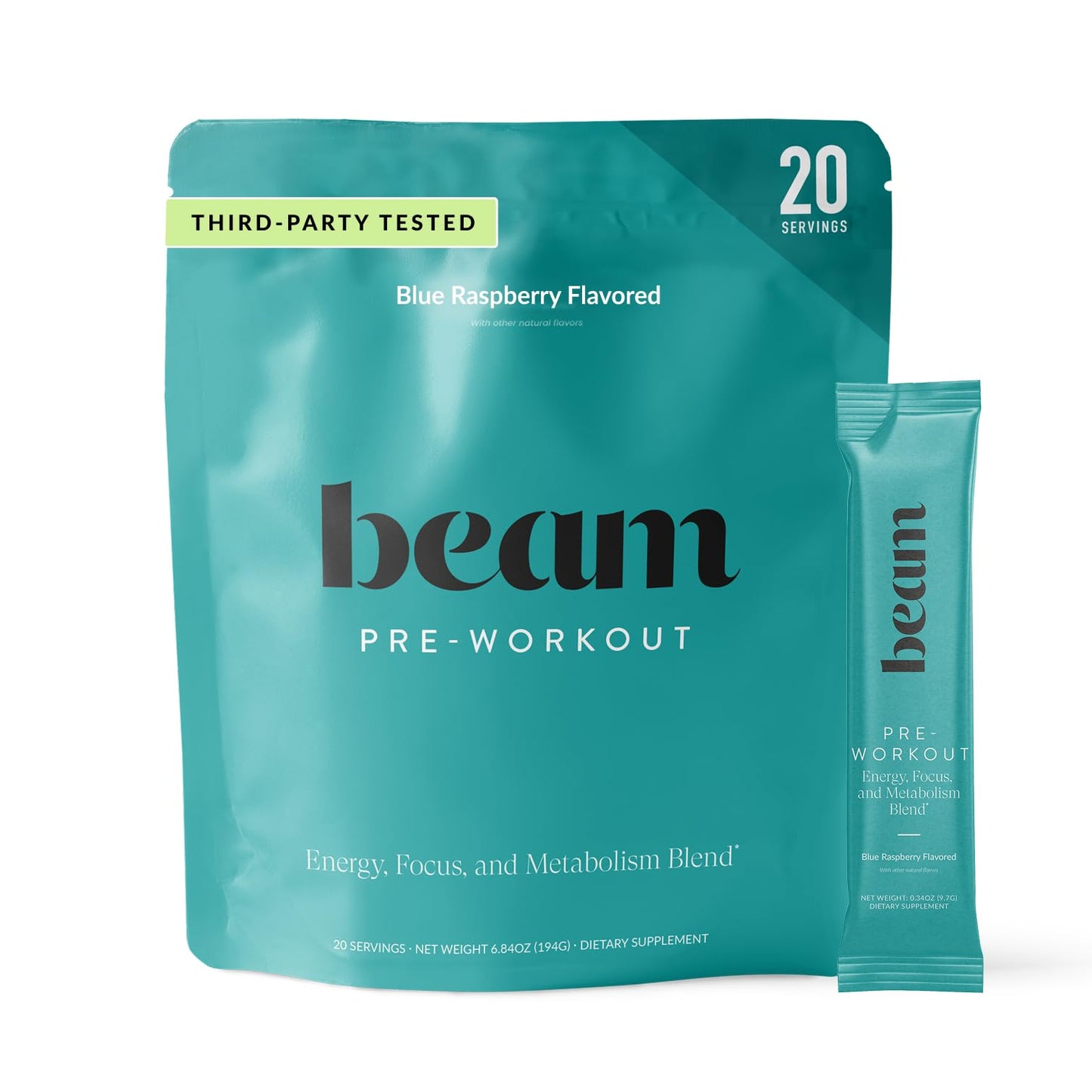 BEAM Pre Workout Powder – Pre Workout Supplement with Organic Caffeine, 350 mg Electrolytes & Nootropic Focus Support, No Sugar, Pre Workout for Women & Men, Blue Raspberry Flavor, 20 Servings