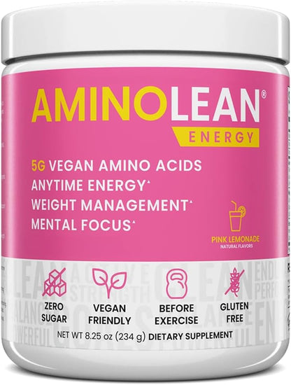 AminoLean Pre Workout Powder & Natural Amino Energy with Vegan BCAA + EAA | Jitter-Free Preworkout Energy from Green Tea + Amino Acids & Weight Management for Women & Men - Vegan, Zero Sugar, No Crash