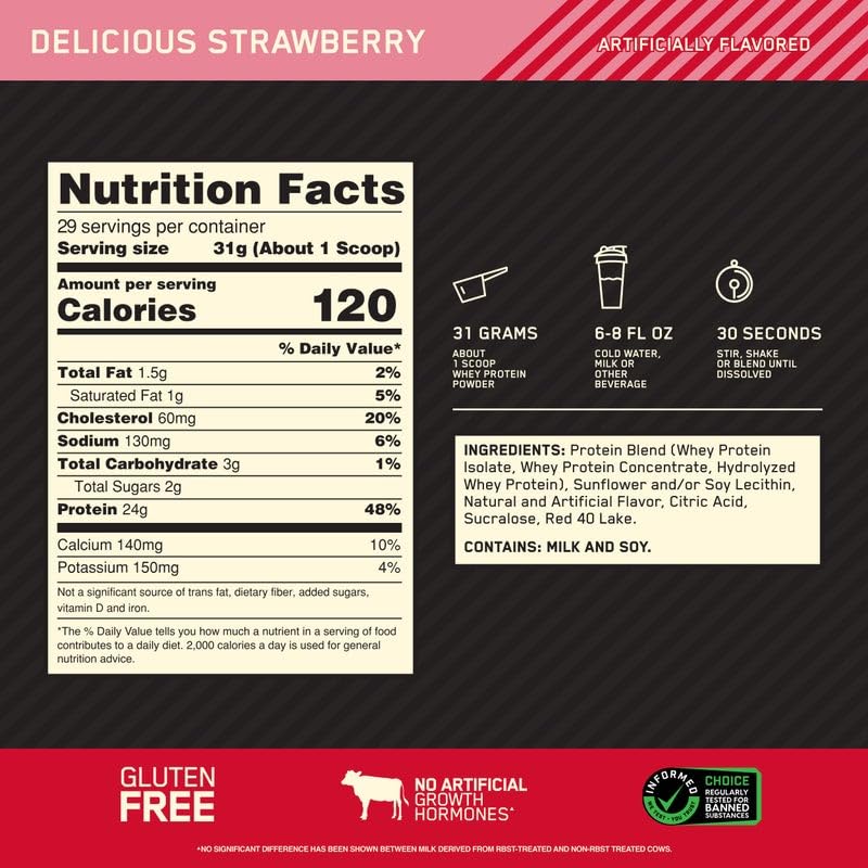 Optimum Nutrition Gold Standard 100% Whey Protein Powder, Delicious Strawberry