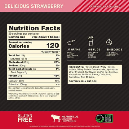 Optimum Nutrition Gold Standard 100% Whey Protein Powder, Delicious Strawberry