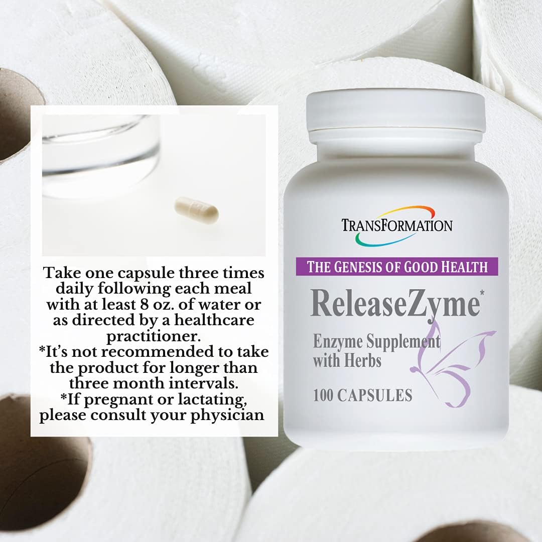 TRANSFORMATION THE GENESIS OF GOOD HEALTH Enzymes ReleaseZyme Blend Supplement with Natural Herbs, Advanced Digestive Support Formula with Protease, Helps Break Down Proteins, Plant Based Enzymes, 100