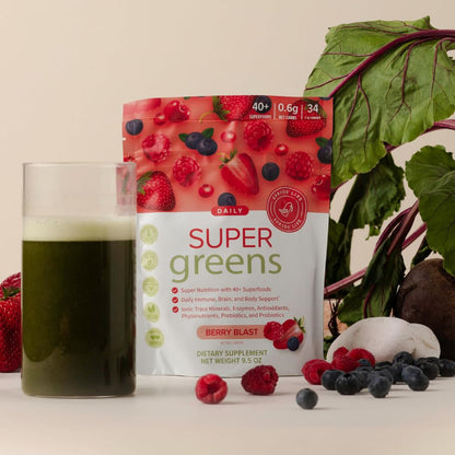 SPRIGS Daily Super Greens Powder Berry Blast, 9.5 Oz, 40+ Superfoods with Probiotics, Fiber & Enzymes | Vitamins & Minerals for Energy, Brain, Body & Digestive Support | Low Sugar Greens Drink Mix