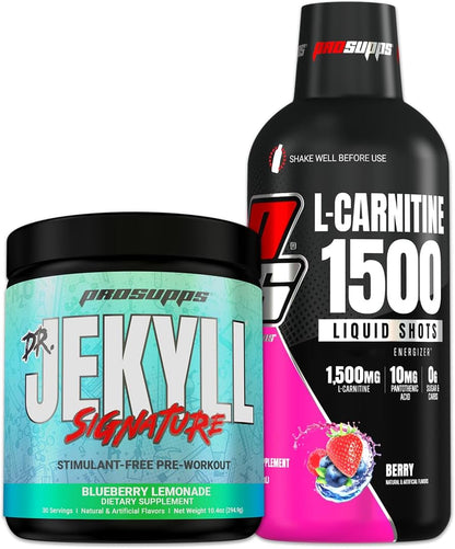 ProSupps L-Carnitine 3000 Stimulant Free Liquid Shots (Berry) Dr. Jekyll Signature Intense Focus, Energy & Pumps Pre-Workout Powder (Blueberry Lemonade) Bundle