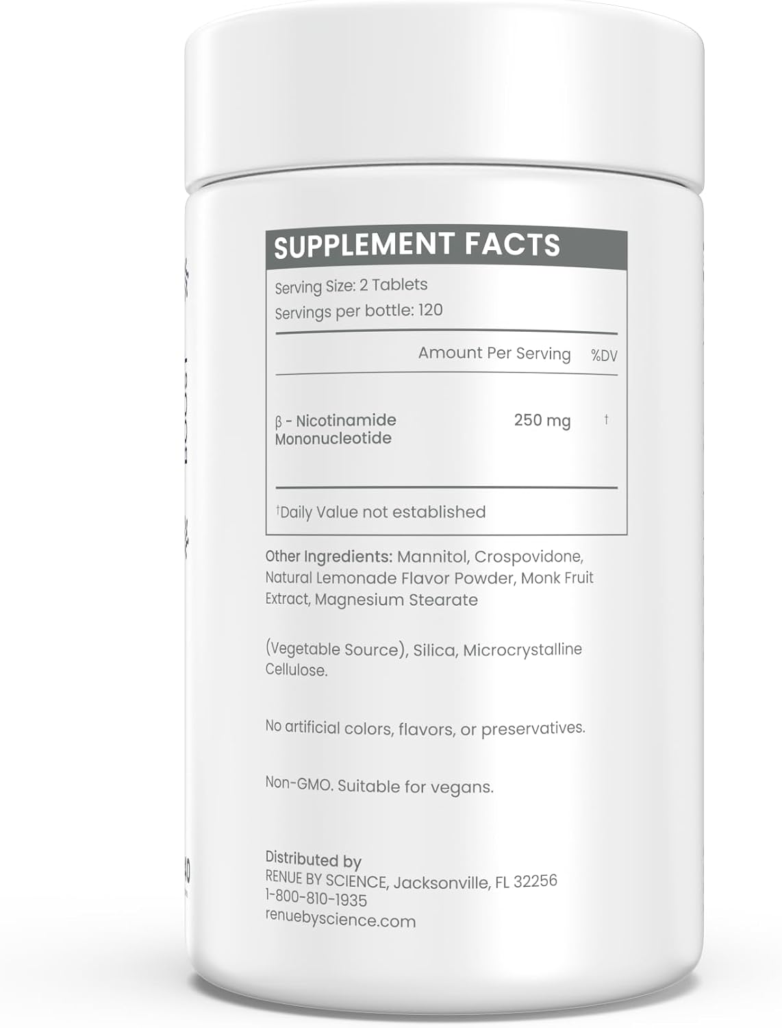 Renue By Science NMN Supplement | 240 Chewable Vegetarian Tablets - 250mg Nicotinamide Mononucleotide per Serving | Lemon Flavour - Manufactured in the USA Third-Party Tested