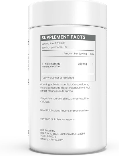 Renue By Science NMN Supplement | 240 Chewable Vegetarian Tablets - 250mg Nicotinamide Mononucleotide per Serving | Lemon Flavour - Manufactured in the USA Third-Party Tested