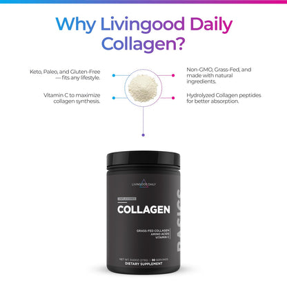 Livingood Daily Vanilla Collagen Powder for Women & Men, Hydrolyzed Collagen Peptides Powder with Vitamin C, Protein with 20 Amino Acids, Type I & III, Grass Fed, Keto, Paleo, Gluten Free, 30 Srvgs