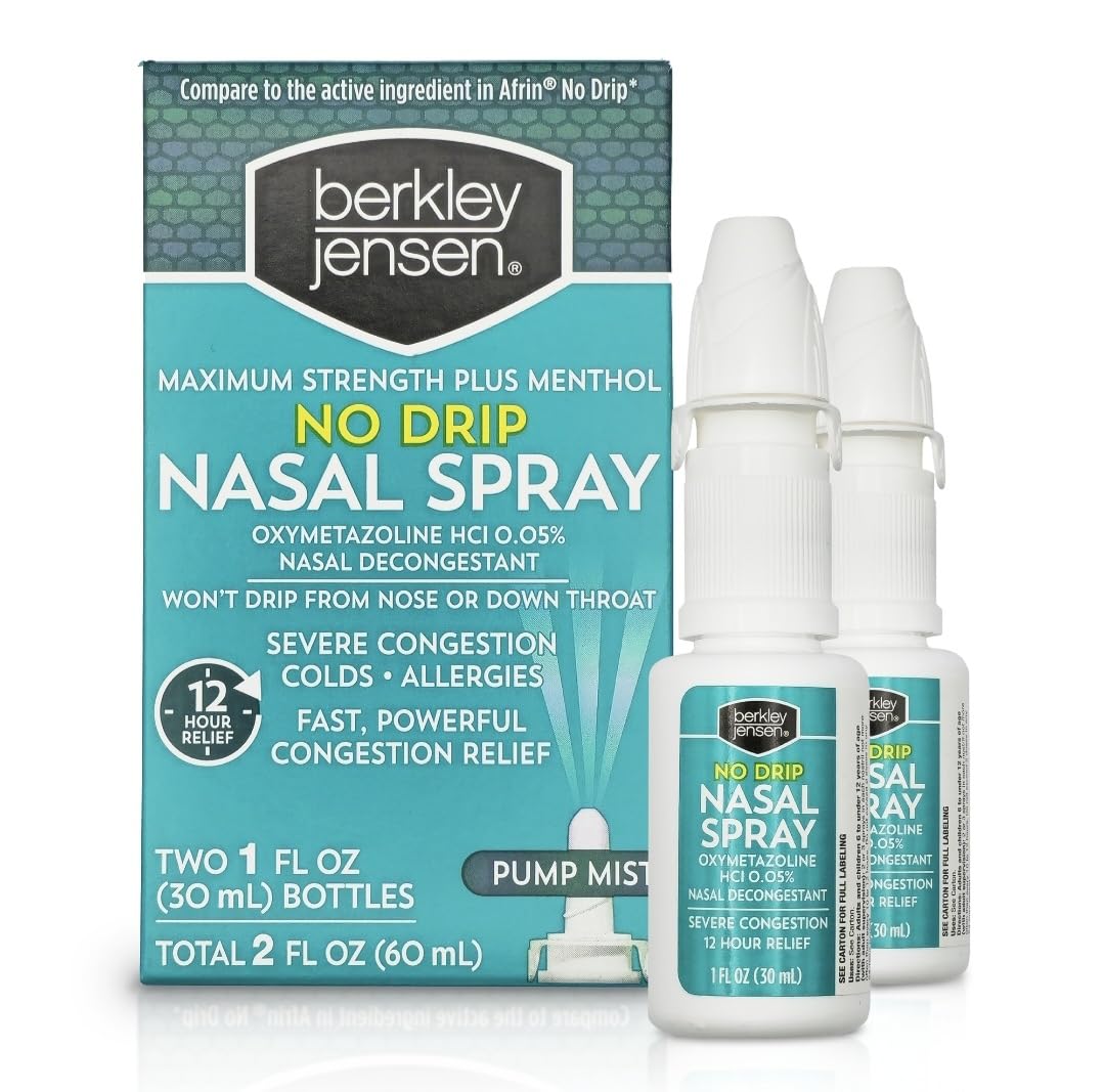 Berkley Jensen No Drip Severe Congestion Nasal Spray - Maximum Strength Decongestant with Oxymetazoline HCl & Menthol - Pump Mist Applicator, No Steroid, 12 Hour Relief, 1 Fluid Ounce (Pack of 3)