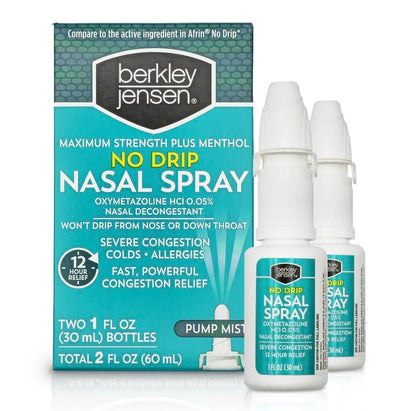 Berkley Jensen No Drip Severe Congestion Nasal Spray - Maximum Strength Decongestant with Oxymetazoline HCl & Menthol - Pump Mist Applicator, No Steroid, 12 Hour Relief, 1 Fluid Ounce (Pack of 3)