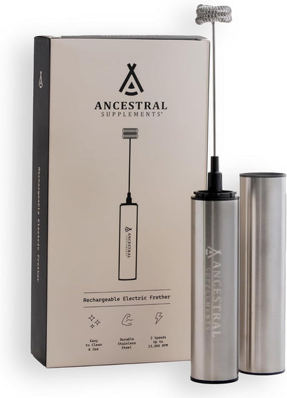 Ancestral Supplements Rechargeable Electric Frother Wand, Stainless Steel | Handheld milk frother and electric whisk for coffee, matcha latte and protein shakes. Fast, easy frothing.