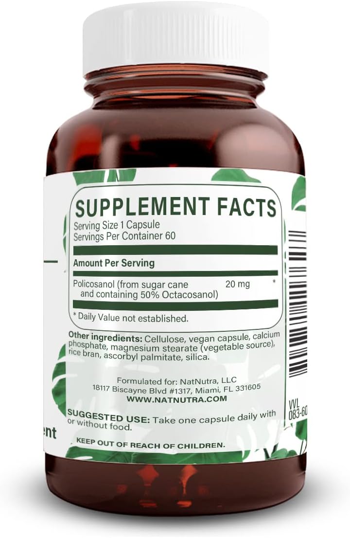 Natural Nutra Policosanol 20mg with Octacosanol, Supplement, 60 Vegan Caps | Promotes Fluid Circulation, Improves Blood Circulation, Supports Maintaining Fat Level, Improves Cardiovascular Health