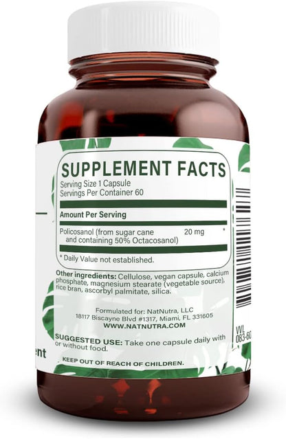 Natural Nutra Policosanol 20mg with Octacosanol, Supplement, 60 Vegan Caps | Promotes Fluid Circulation, Improves Blood Circulation, Supports Maintaining Fat Level, Improves Cardiovascular Health
